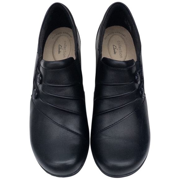 Clarks Channing Haley Slip On Black Leather Loafers Womens size 9 Low Wedge Heel - Picture 6 of 7